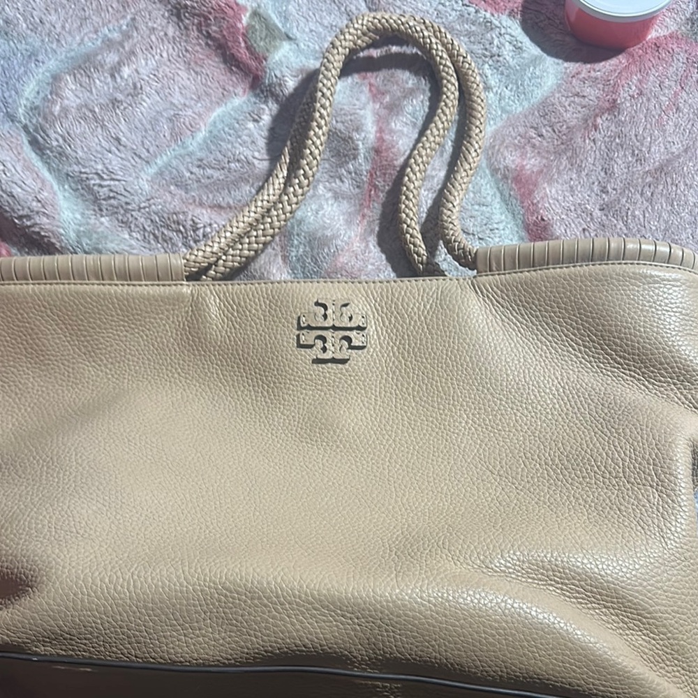 Tory Burch Tan Tote with Pebbled Texture and Metallic Logo